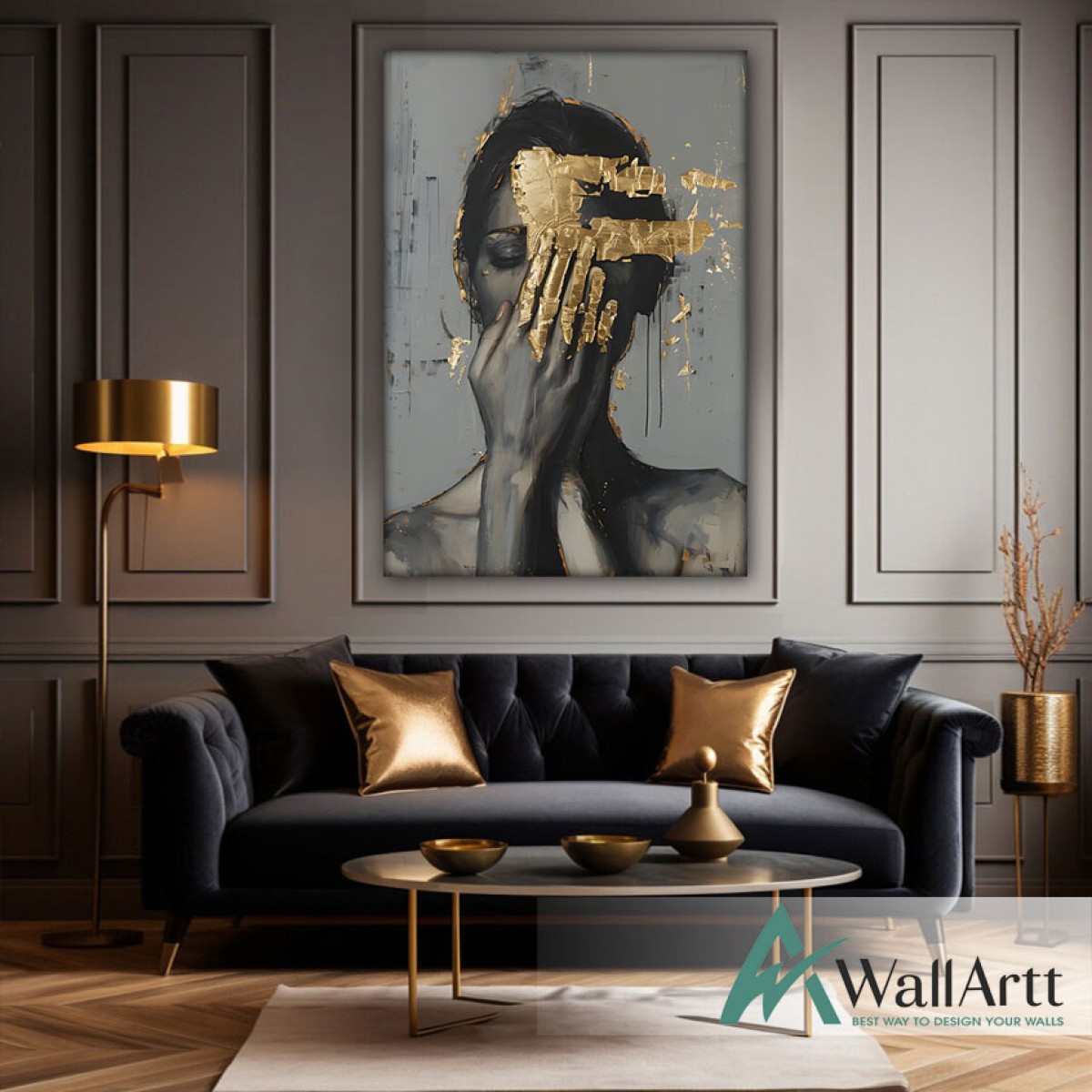 Woman Face with Gold Foil II Textured Partial Oil Painting - Wall Art